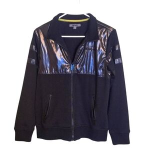 DKNY Sky Black Hybrid Faux Patent Leather Bomber Jacket Womens Size Large NWOT